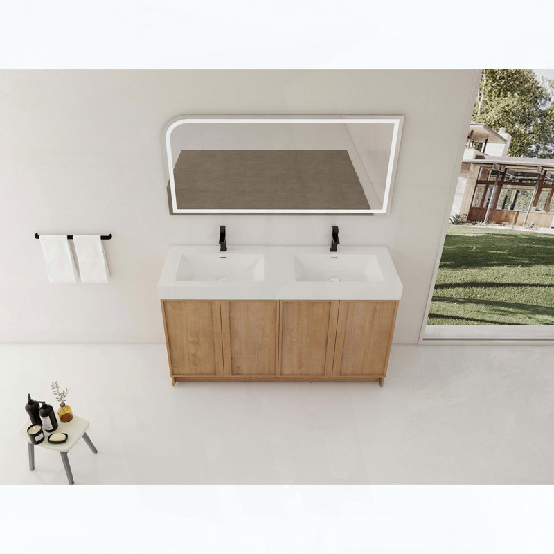 Meuble-lavabo autoportant de 60 pouces avec lavabo double en résine et 4 portes d'armoire à fermeture en douceur, 59.06"W