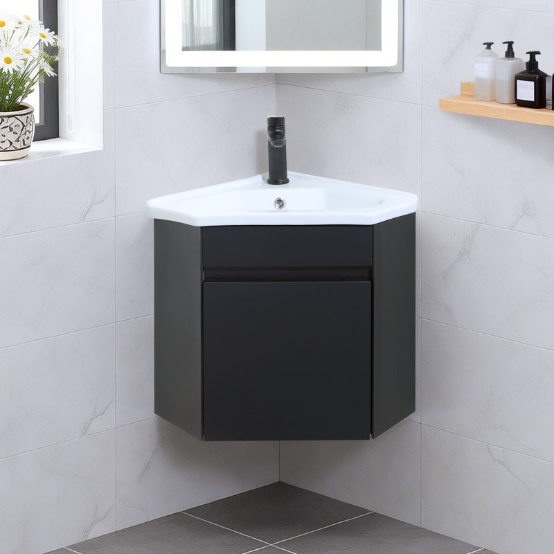 Ensemble de meuble-lavabo simple moderne autoportant 30 po avec plateau et tablettes en céramique Isyss, Noir
