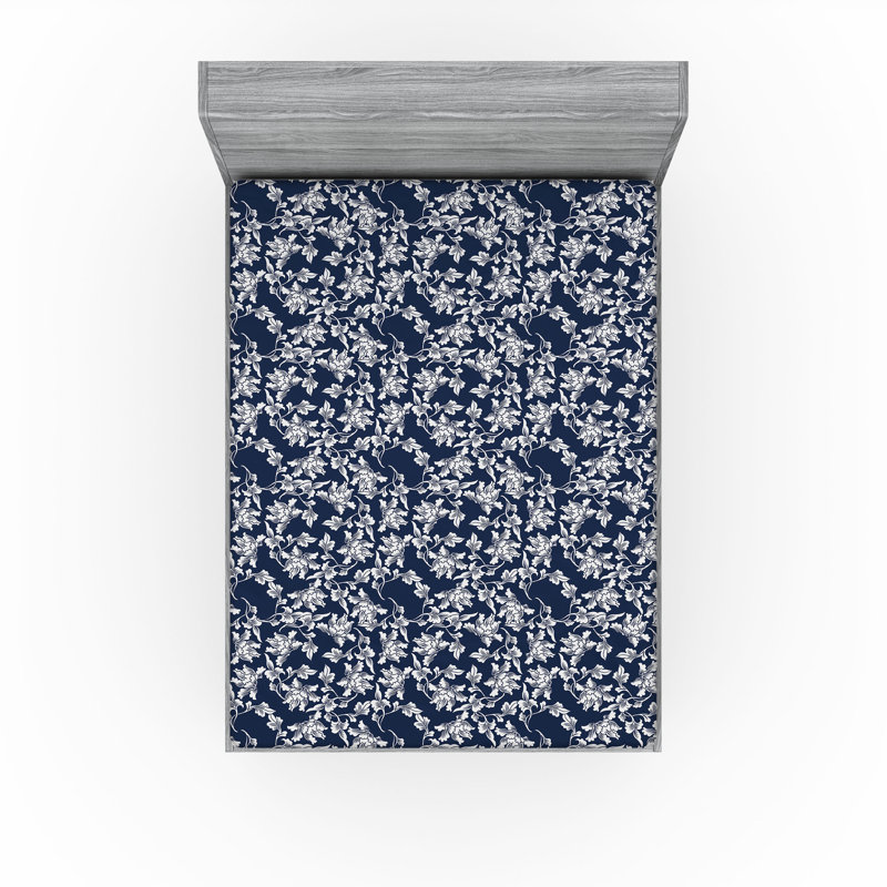 Drap-housse Ambesonne, paquet de 2, Drap-housse grand, Bleu foncé / motif floral blanc