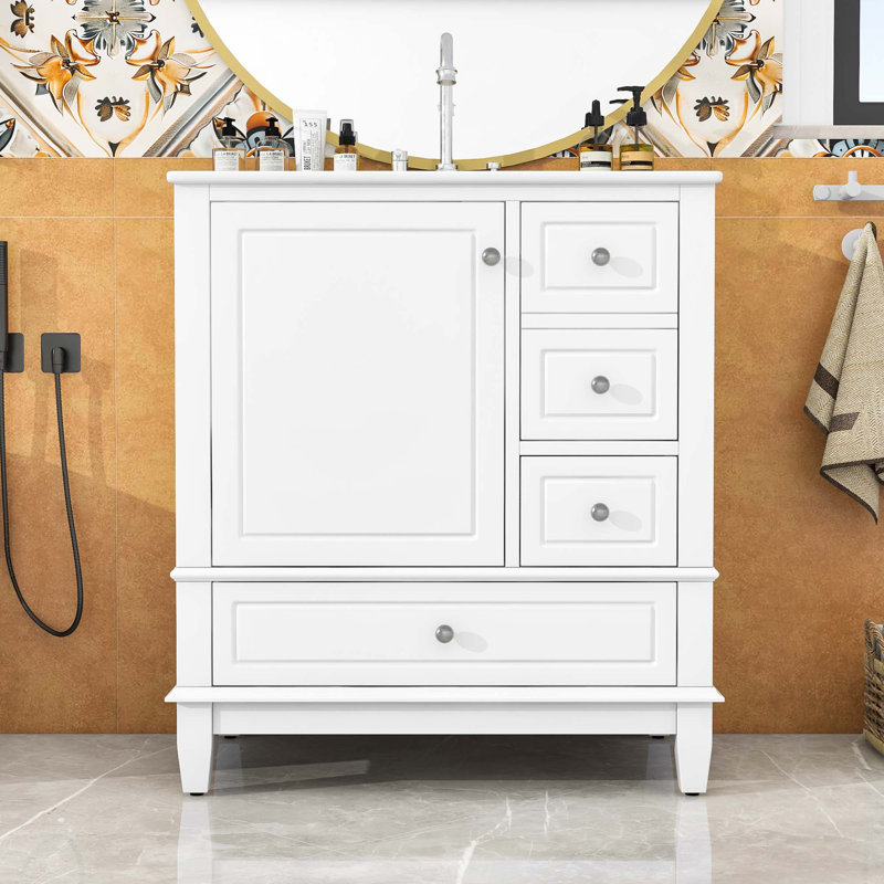 Meuble-lavabo simple autoportant élégant avec lavabo en céramique, porte à fermeture en douceur et grand espace de rangement