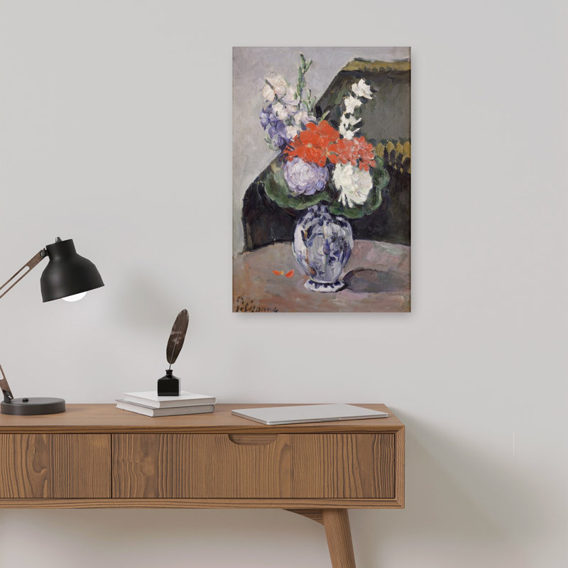 Fleurs dans un petit vase de Delft, vers 1873. Estampe d'art mural abstraite et contemporaine., H 18 po x l 12 po