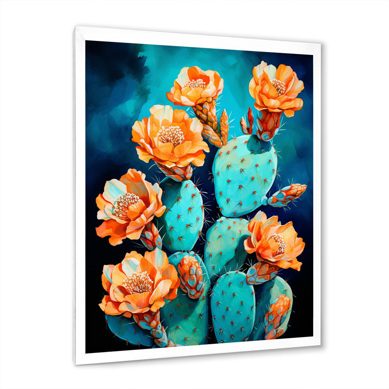Cactus bleu et bronze brossé sur toile, H 44 po x l 34 po x P 1,5 po, Cadre simple blanc
