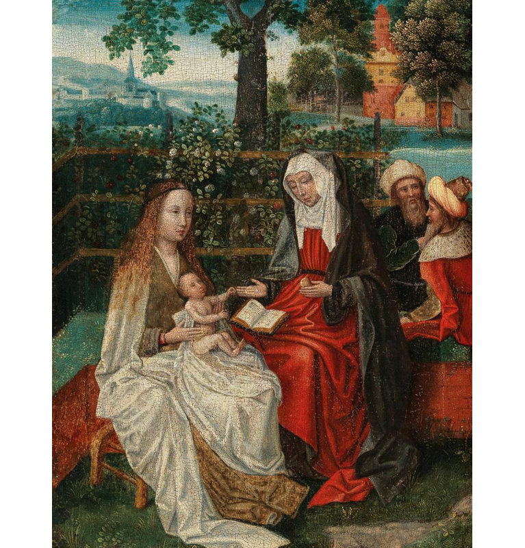 "The Virgin and Child with Saint Anne in an Enclosed Garden, with Joachim and Joseph Beyond" by  School Of Antwerp - Gallery Wrap Canvas Wall Art