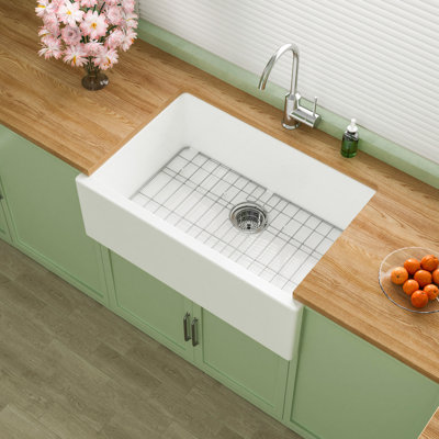 30"L x 20"W Fireclay Self-Trimming Apron Front Farmhouse Sink for Kitchen & Island, Dual Mount Single Bowl White Farm Sink, with Bottom Grid and Basket Strainer
