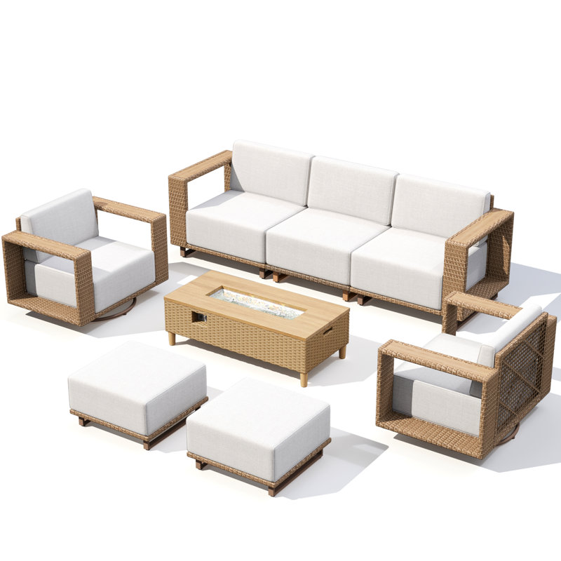 6- Person Outdoor Wicker Patio Conversation Furniture Set With Swivel Chairs, Fire Pit Table