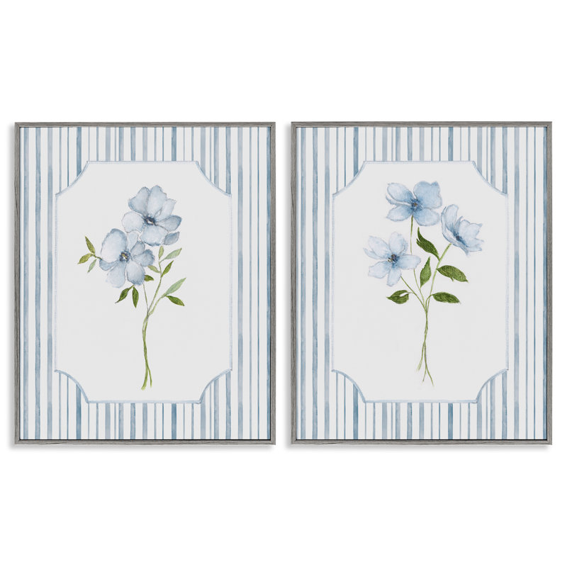 Ensemble de 2 giclées encadrées Blue Blooms & Stripes, design par Tava Studios, H 20 po x l 16 po