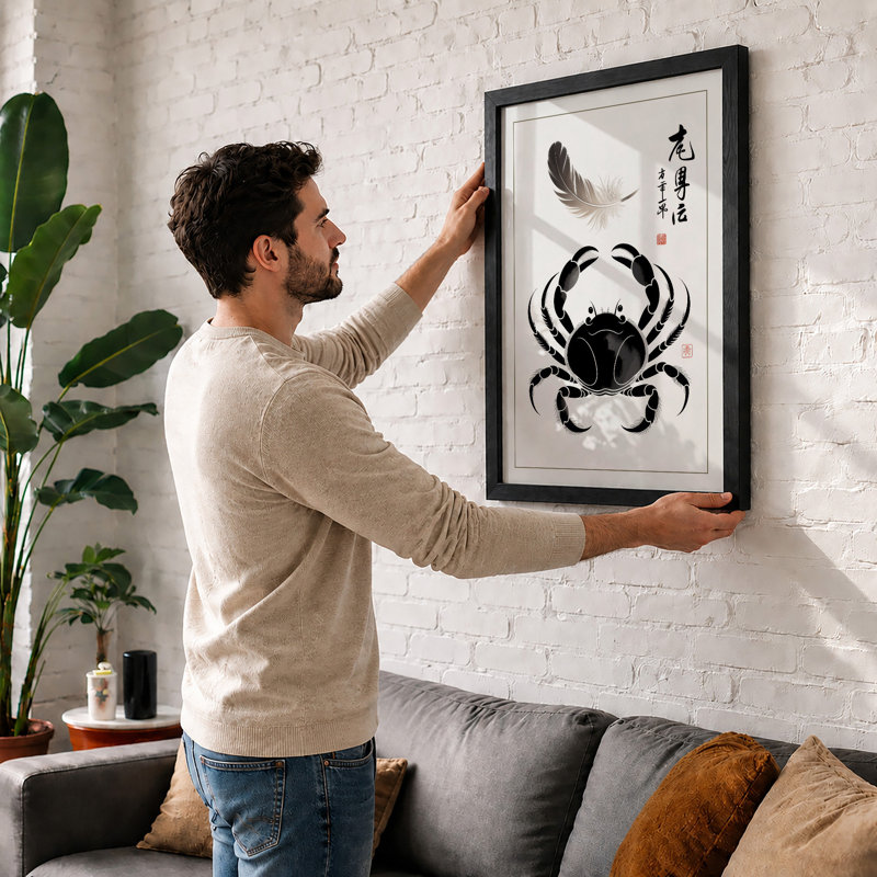 Crab and Feather Japandi - Framed Print, A2 - 59.4 x 42.0 cm, Black