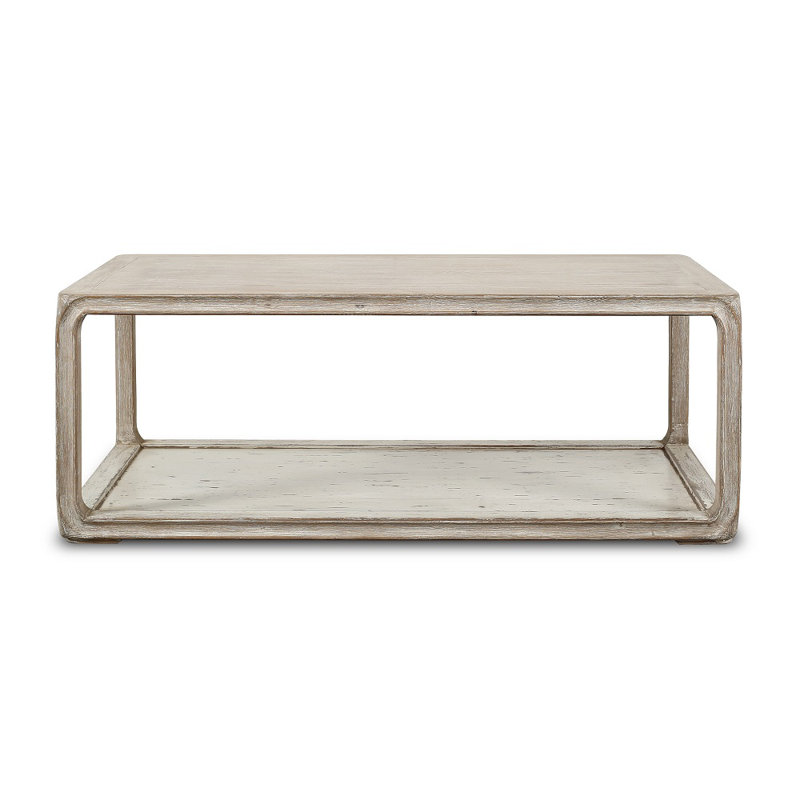 Vandemark Artissance Peking Coffee Table, 47-Inch Long Wooden Coffee Table with Base, White Wash Finish, Rustic