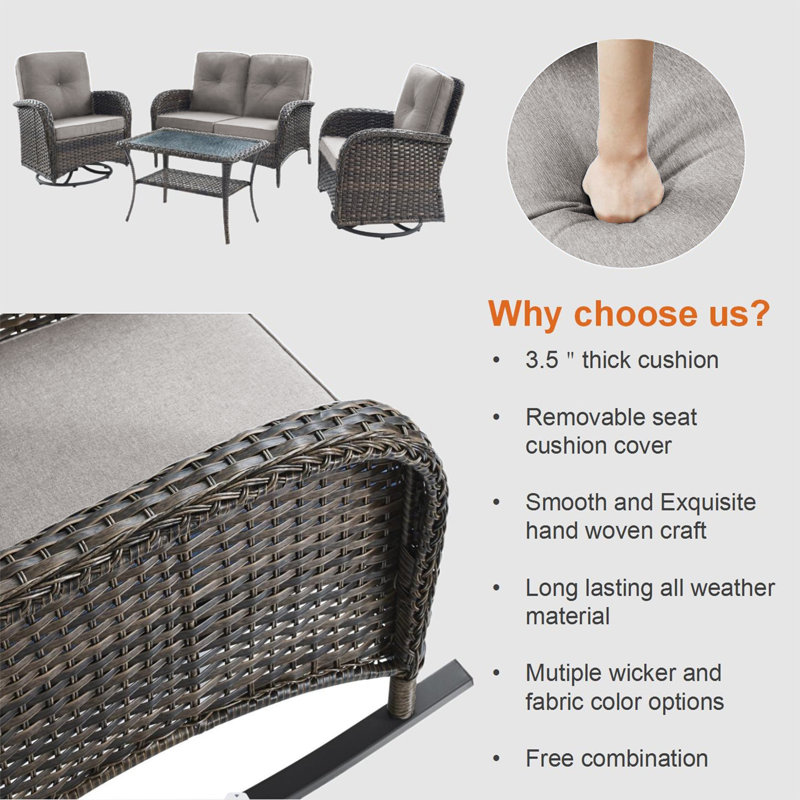 Artiana Wicker 2 - Person Patio Conversation Sets with Cushions, Gray, Brown