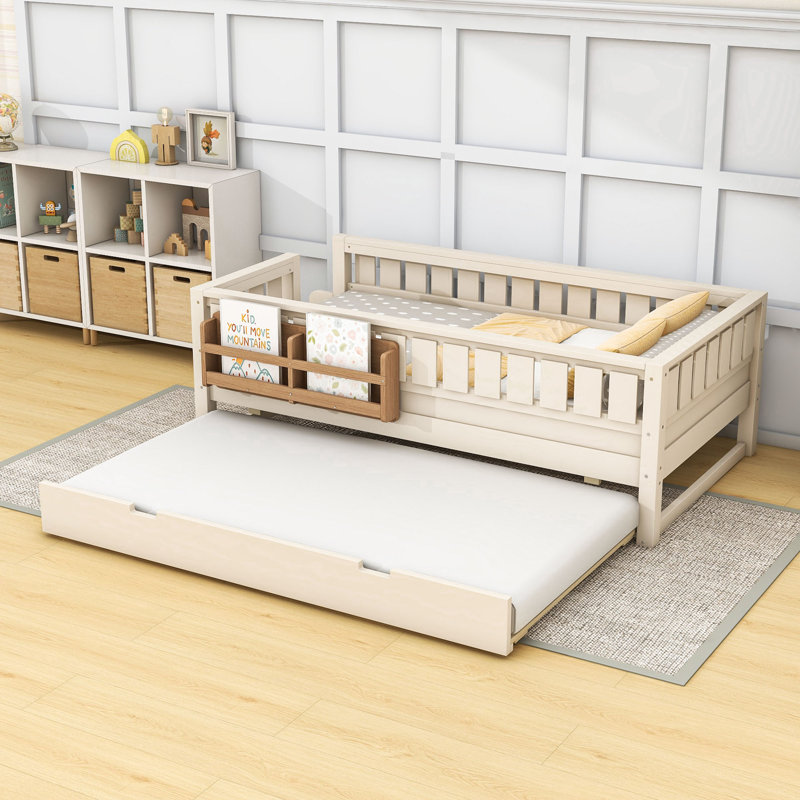 Lit plateforme en bois avec lit gigogne, bibliothèque et garde-corps, Twin, Beige