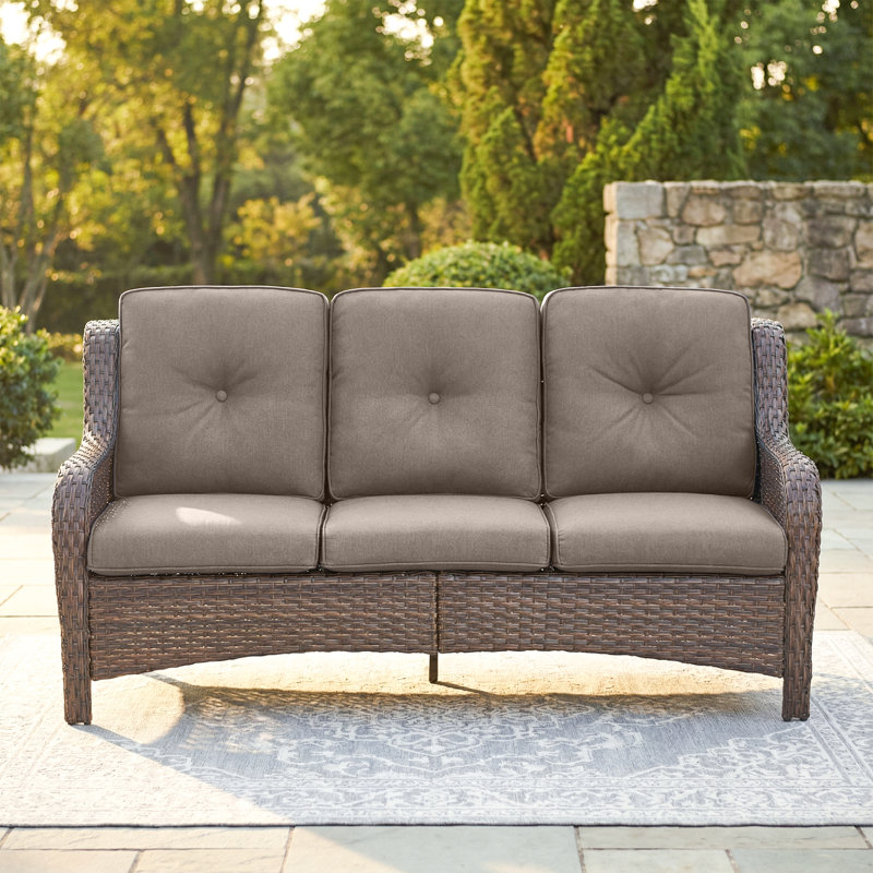 Carolina 72'' Wide Outdoor Wicker Patio Sofa with Cushions, Gray Performance, Brown