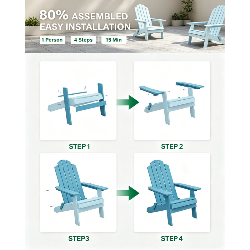 Ensemble de 2 chaises pliantes en plastique composite résistant aux intempéries avec porte-gobelets, assemblage facile pour foyer, pelouse et jardin, bleu