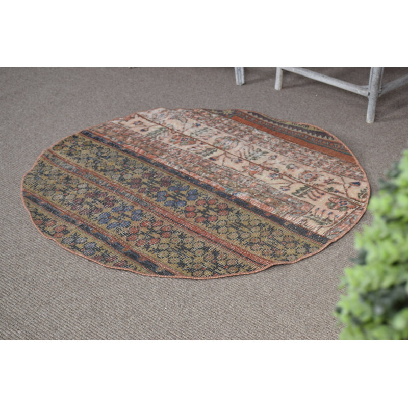 Vintage Turkish Oushak Round Rug in Red for Housewarming Gifts - Small Patchwork Design