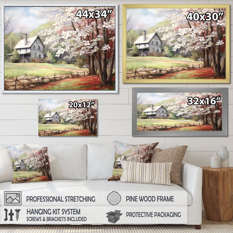 Cornouiller blanc à la ferme III - art mural cornouiller, H 34 po x l 44 po x P 1,5 po, Toile tendue, Sans cadre