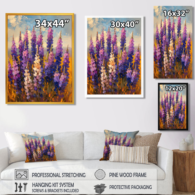 Lupin mauve, blanc, bord de mer, lupin, art mural, Toile encadrée noire simple, H 20 po x l 12 po x P 1 po