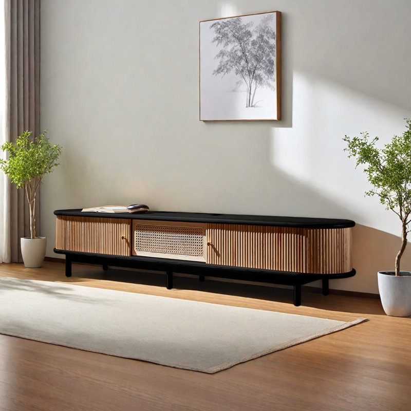 Meuble télé en bois de frêne de haute qualité avec tiroir en rotin, Bois robuste / noir, H 14,96 po x L 70,86 po x l 16,53 po