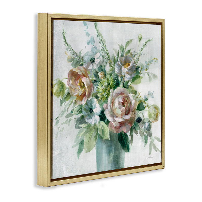 "Sage & Peach Blossoms", art mural sur toile flottante par Danhui Nai, Cadre flottant métallique doré, H 25 po x l 25 po