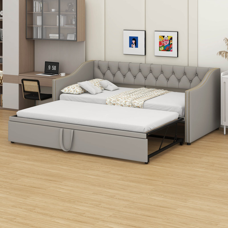 Twin Size Upholstered Daybed – Pop-Up Trundle Included, Gray
