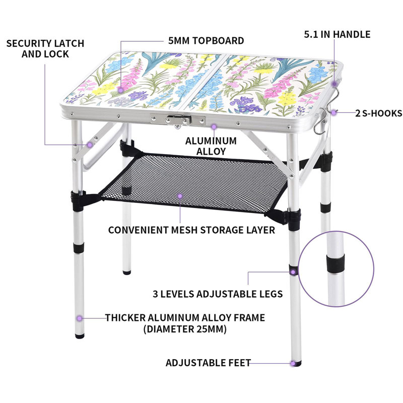 Table de camping pliante avec filet de rangement, table de pique-nique en aluminium à hauteur réglable pour le camping, la randonnée, le barbecue et l'intérieur