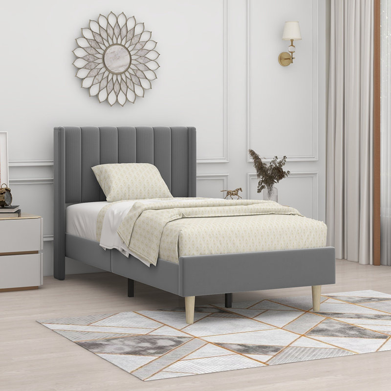Lit plateforme tapissier avec tête de lit à oreilles Eriksay, Velours gris foncé, Simple