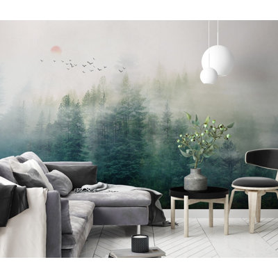 Papier peint amovible Forest Misty Jungle Sunrise