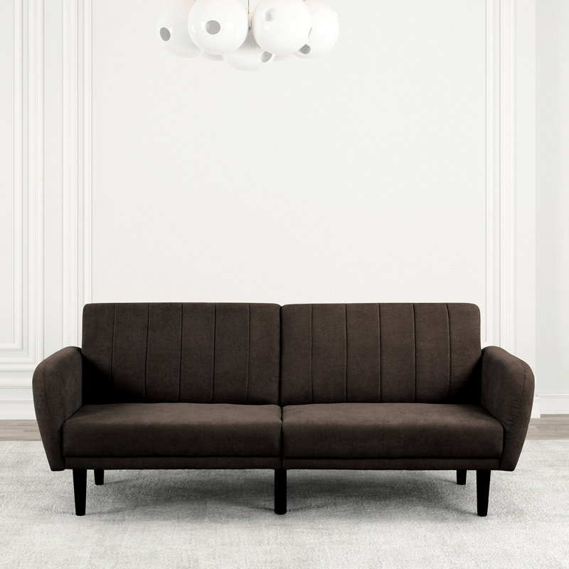 Futon transitionnel à 2 places en brun, avec revêtement en tissu brun et accoudoirs doux avec sièges, pieds en bois, Brun