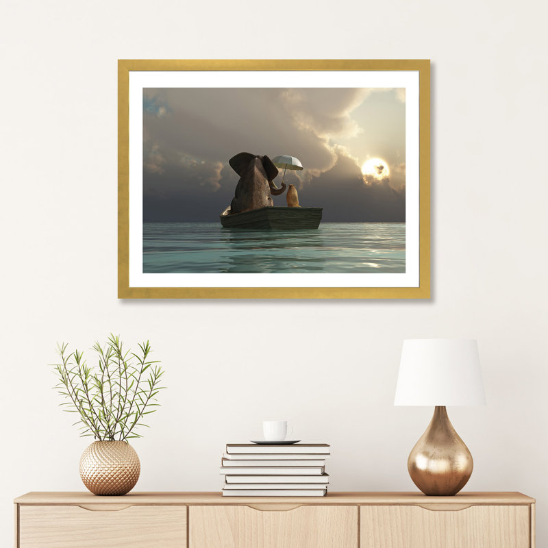 «Elephant and Dog Are Floating In A Boat» - reproduction, H 24 po x l 32 po x P 1 po, Papier beaux-arts encadré doré