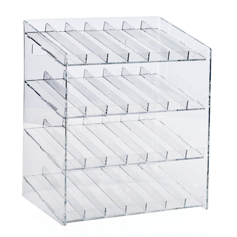 Présentoir à quatre niveaux et 28 compartiments (7 compartiments par niveau). Dimensions : 30,5 cm (L) x 21,5 cm (P) x 37 cm (H).