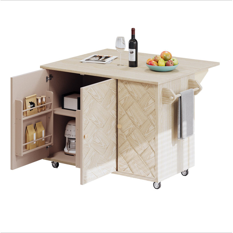 Îlot de cuisine en bois de frêne plaqué de frêne de 51,2 po de largeur (papier pas cher) avec abattant, îlot de cuisine sur roulettes avec support de rangement interne et chariot de cuisine