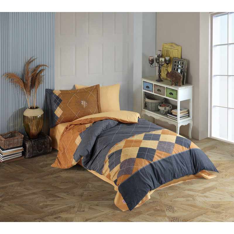 Ensemble de housse de couette simple en popeline 100% coton, comprenant housse de couette (63 x 87), drap plat (63 x 94) et 1 taie d'oreiller (20 x 28) | Lavable à la machine, élégant design jaune et gris foncé, doux et durable