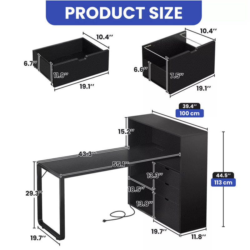 Broly 55'' L Shaped Desk With Power Outlets & LED Light, Black