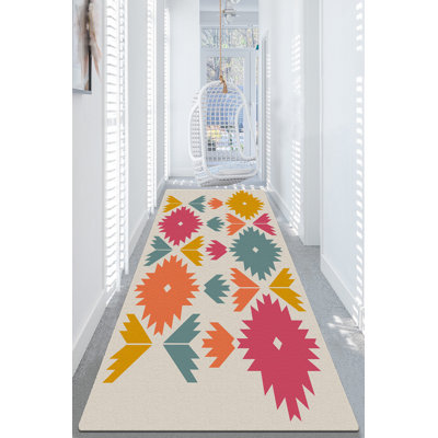 Tapis rose / blanc / orange en polyester tissé à plat à la main Decarie