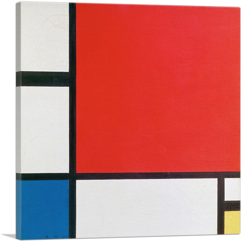 "Composition avec rouge, bleu et jaune" par Piet Mondrian - reproduction d'art sur toile tendue, H 18 po x l 18 po x 1,5 po