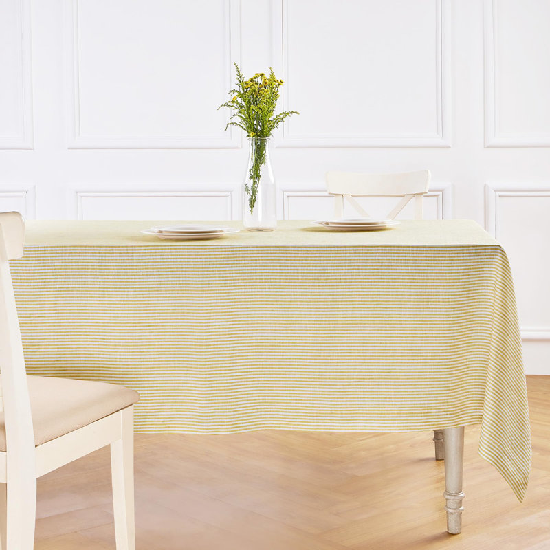 100% Pure Linen Tablecloth, Spicy Mustard/White, 144" L x 60" W, Narrow Stripe