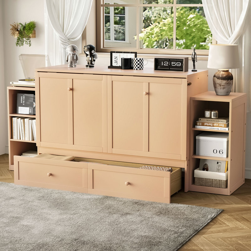 Murphy Bed With Spacious Storage Drawers And Shelves, Ideal For Guest Rooms Or Compact Bedrooms, Gold
