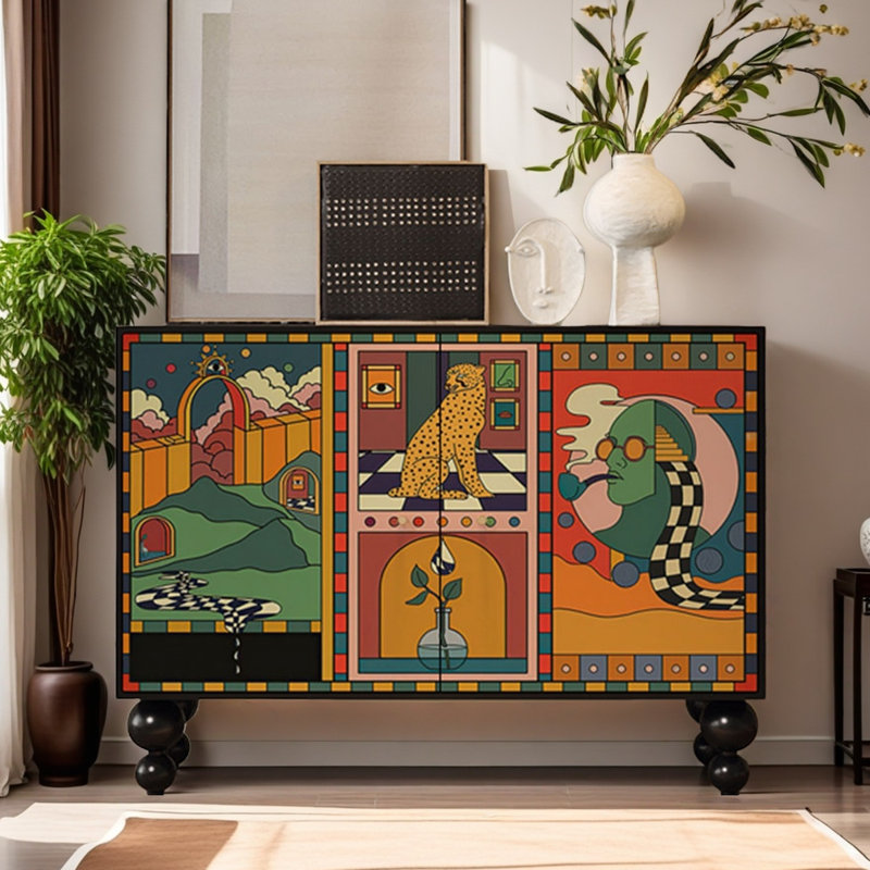 Retro Abstract Art Lacquer Painting Sideboard, Black