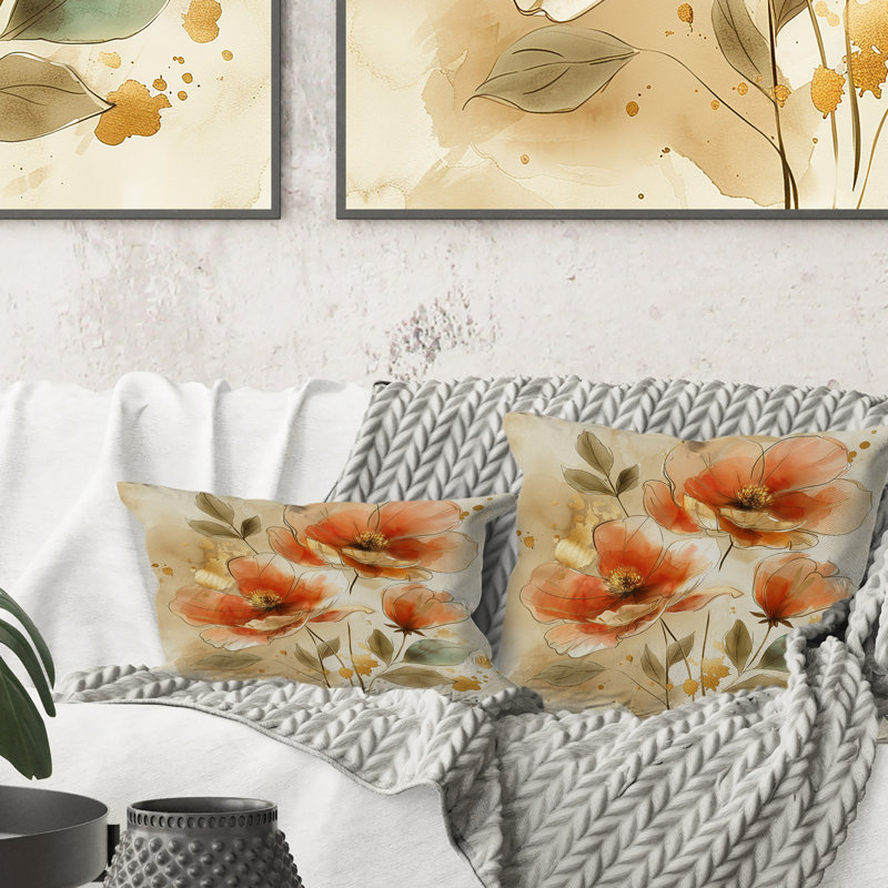 Watercolor Floral Dream - Coussin décoratif floral, H 16 po x l 16 po, Rouge / doré