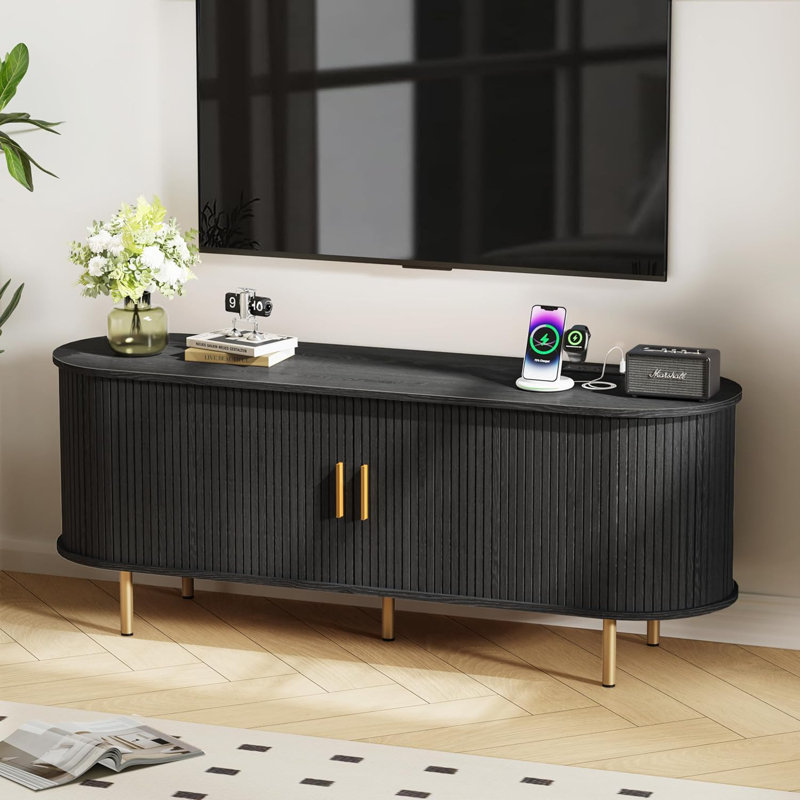 55.1'' Wooden TV Stand For Tvs Up To 60 Inch, Entertainment Center, Console Cabinet With Power Outlet And Ample Storage Place(Black)
