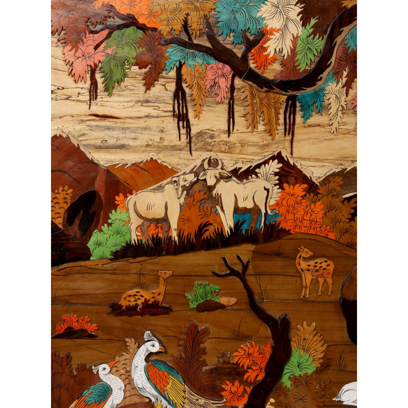 Handcrafted 72-Inch "Riverside Romance" Radha Krishna 3D Mysore Wood Inlay Art