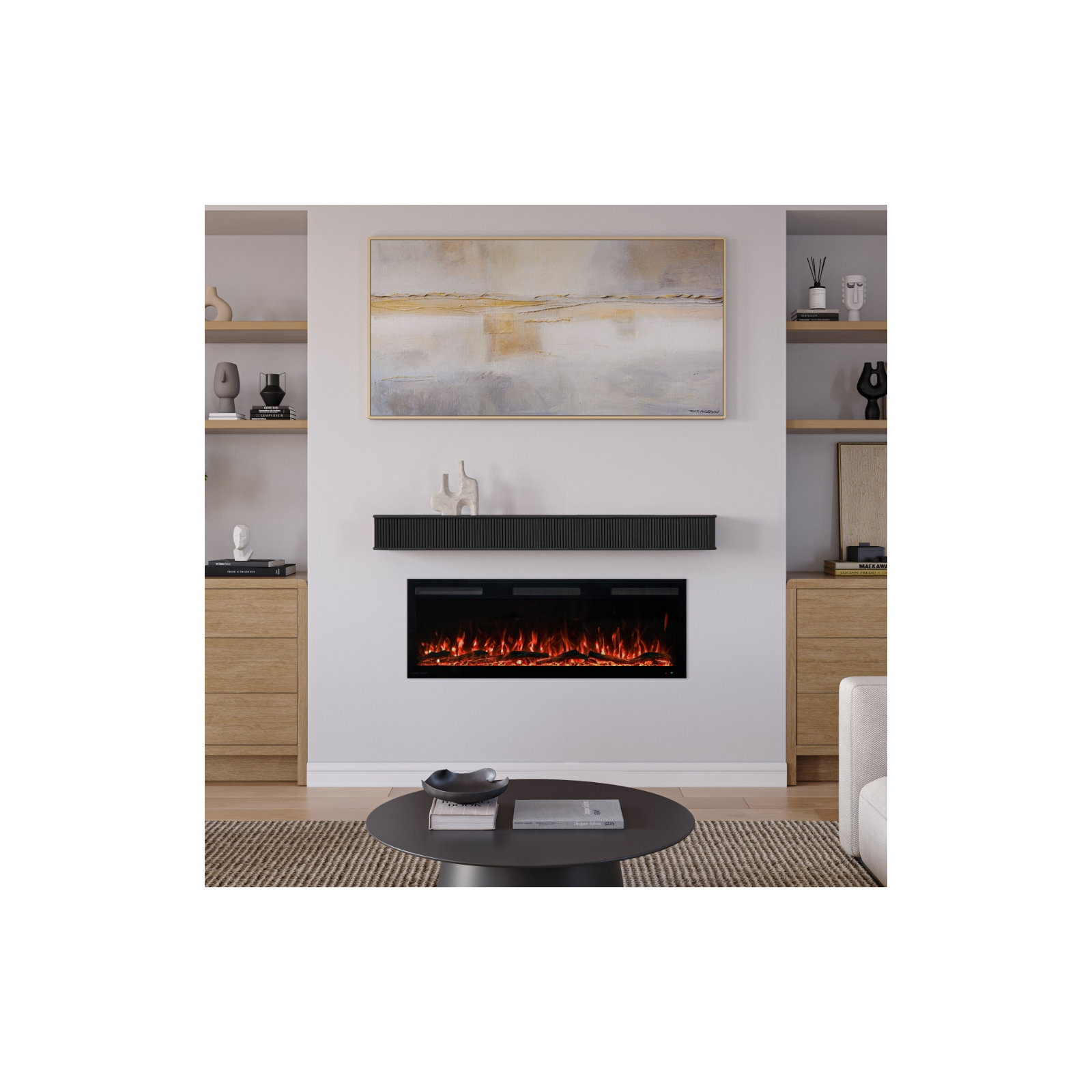 Modern Ember Alfama Fireplace Wood Mantel Shelf with Fluted “Reed” Details, 60", Sable
