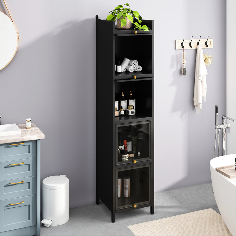 Four Glass Door Cabinet In Black, Ideal For A Functional Home And Organization Modern Style Storage Cabinet, Black Tidy Dining Room