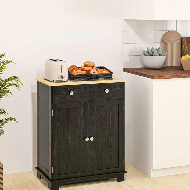 Distressed Black Entryway Sideboard - Solid Wood Countertop, 2 Drawers, Doors, Adjustable Shelf Storage Cabinet With Top Shelf, Kitchen
