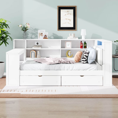 Daybed With Desk & LED & Charging Station, Wood Daybed With Drawers, Shelves And Upholstered Headboard by Latitude Run