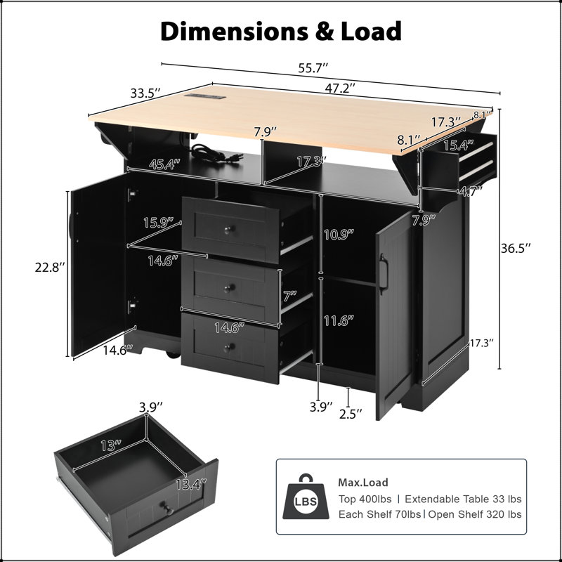 55.7" Large Kitchen Island with Double Drop Leaf and Power Outlet – Black, Black