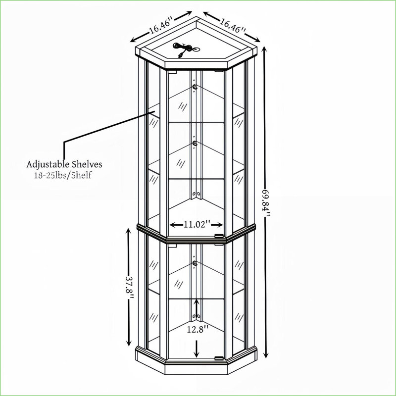 Cabinets - Light Oak Corner Curio with Built-in Lighting &amp; Adjustable Shelves | MDF+Glass | Living Room, Oak