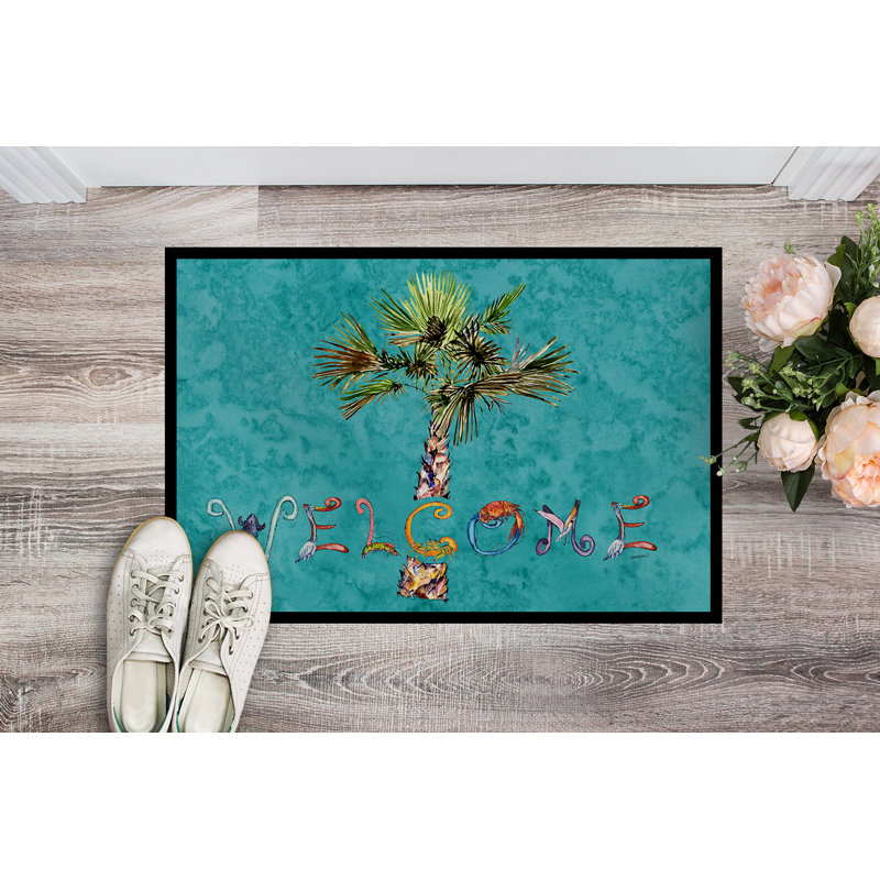Bathory Non-Slip Floral Doormat, 2' x 3', Teal