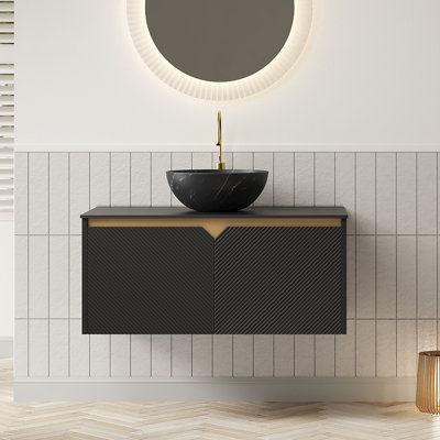 Meuble-lavabo et lavabo de salle de bain 36 po RUBEN, armoire de rangement flottante murale en contreplaqué, portes doubles en sergé avec garniture en métal, vasque en céramique noire avec motif en pierre et plateau en pierre frittée noire, noir