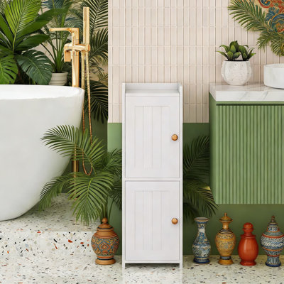 Armoire de rangement de salle de bain avec 2 portes et tablette réglable, armoire de plancher étroite pour petits espaces, organisateur compact pour papier hygiénique et articles essentiels