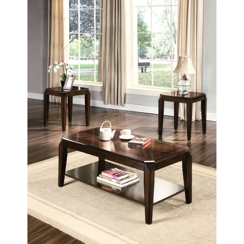Walnut 3Pc Table Collection, Rectangular Coffee Shelf Addition, Square End Tables, Fascinating Parquet Pattern, Wood Tops & In Chic Walnut, Facility, Enticing