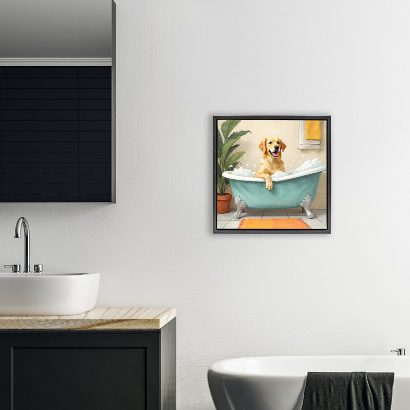 Cadre flottant pour chien avec bain moussant, par Kim Allen, Cadre flottant noir de jais, H 18 po x l 18 po